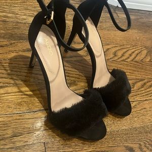 Black Aldo fur heels, size 7.5